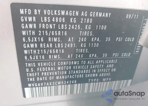 2012 Volkswagen Tiguan S из США, поврежденный, VIN WVGAV7AX3CW524248